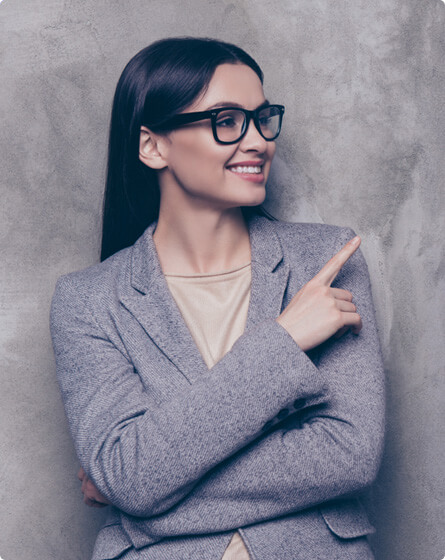 A girl showing happy face and pointing her finger towards leading support as a service provider.