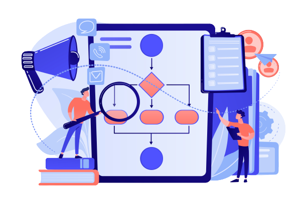 A flowchart process and a man and woman working through it showing the sense of principle oriented work and clients' importance while working as a chat support agent.