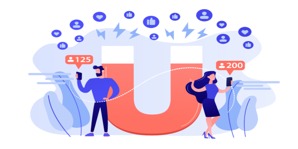 Two people with mobiles and magnet behind depicting lead generation.
