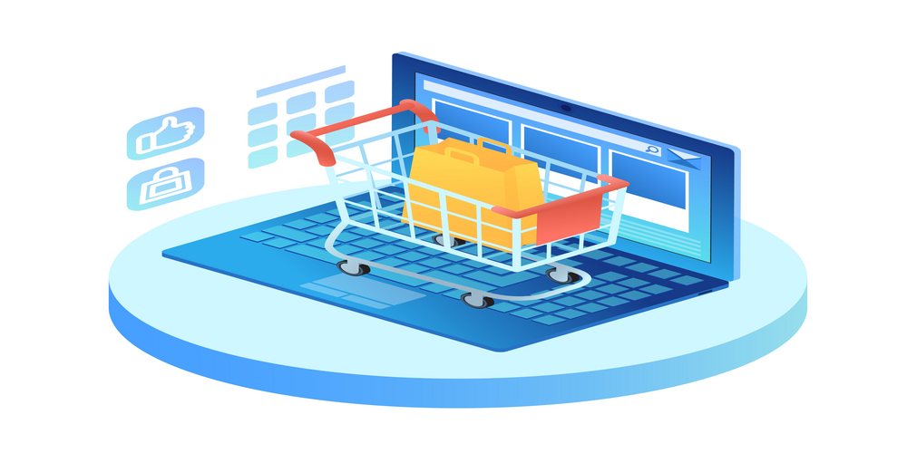 eCommerce shopping cart with laptop.