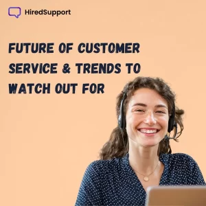 A chat support agent smiling at the camera, banner image of future of customer service blog