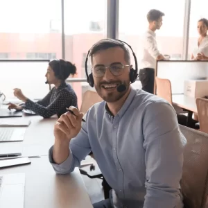 call center agent smiling at the camera