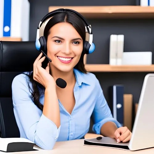 A customer service agent smiles at the camera with her laptop on the desk.