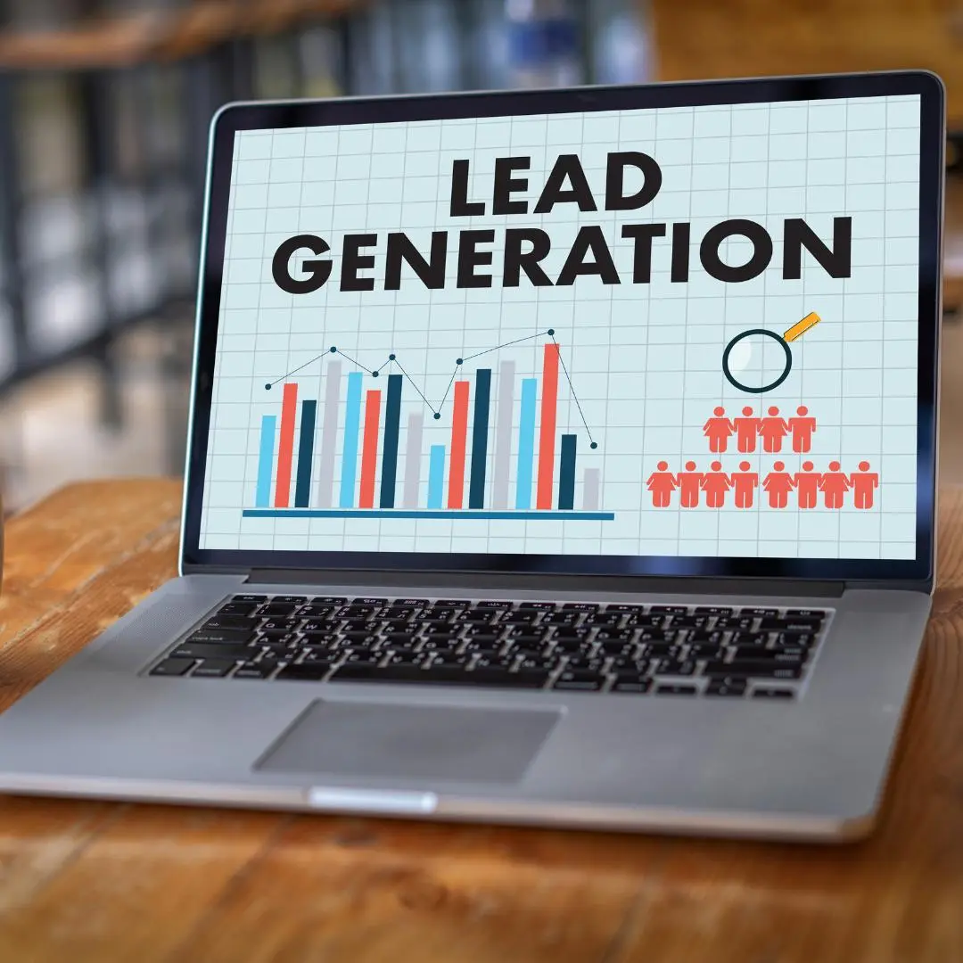 Image of a laptop with the words 'Lead Generation' prominently displayed on its screen, symbolizing the use of digital technology in generating business leads.