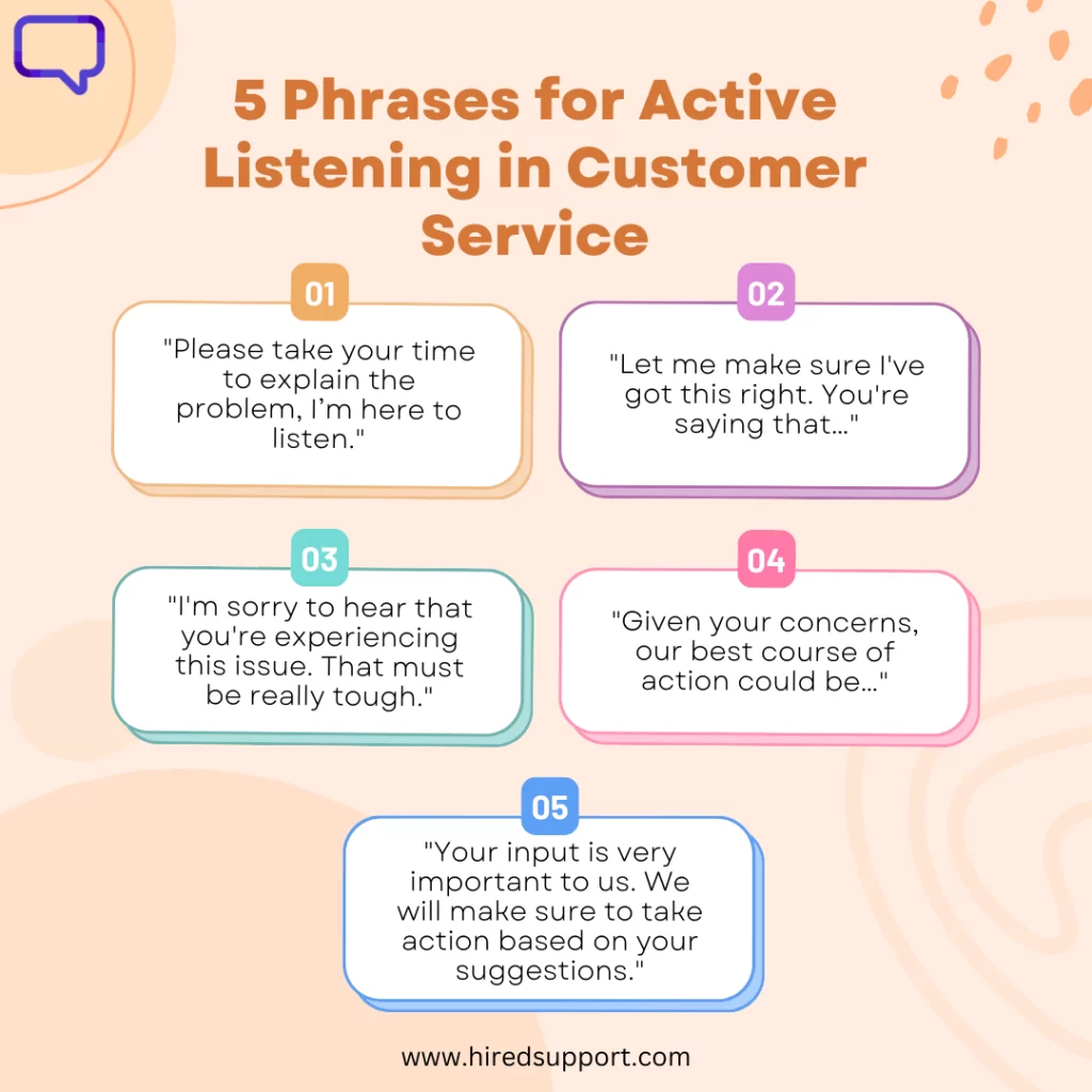 An infographic providing 5 phrases for active listening in customer service