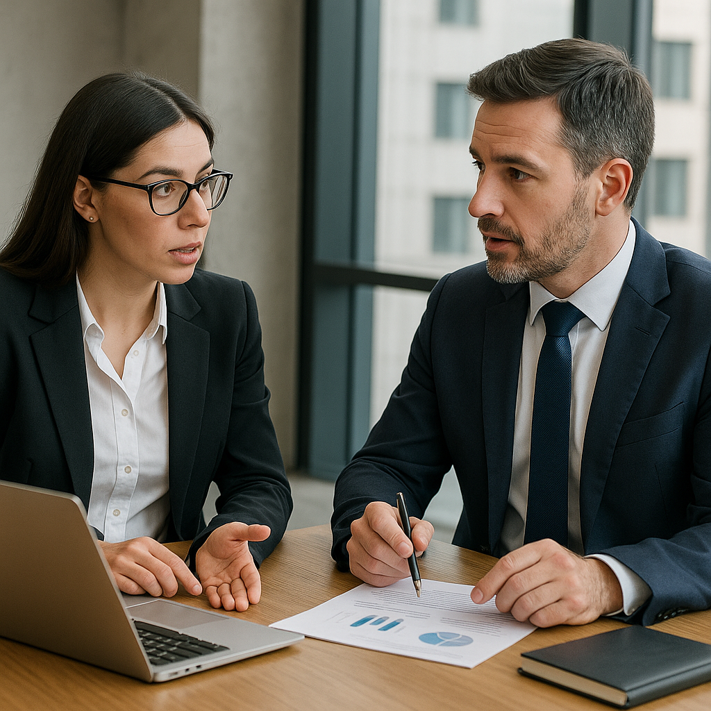 Two professionals discussing business affairs (nearshore outsourcing)