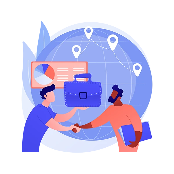 A virtual assistant and a businessman shaking hands with each other.