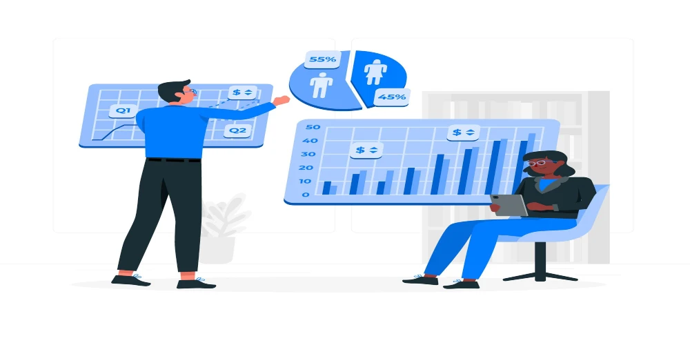 An animation of a person depicting live chat KPIs